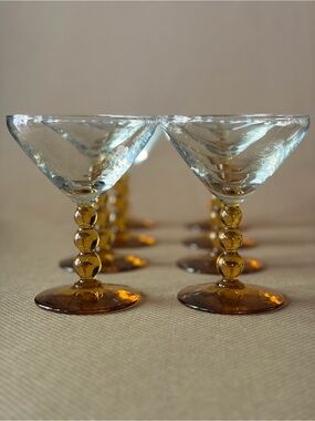Vintage 60s 70s Amber Stemmed Bubble Martini Glasses Set of 9 Barware Glassware
